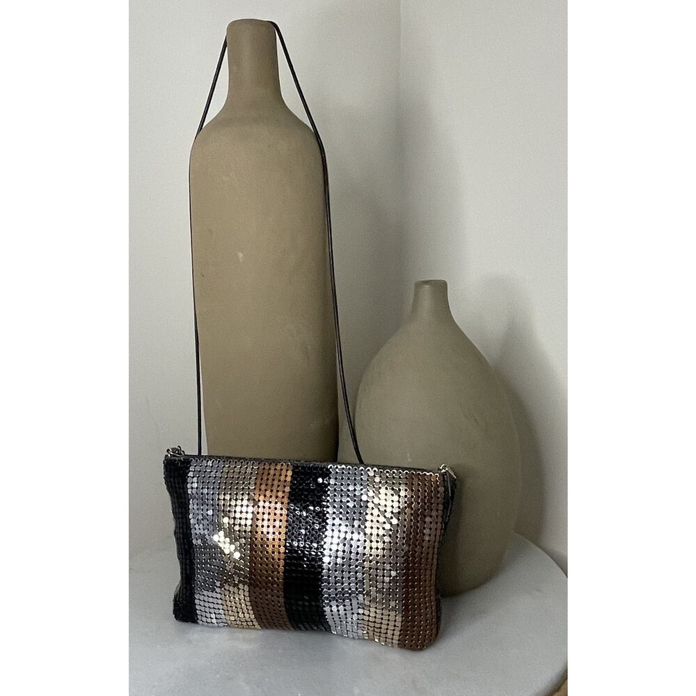 Mesh Crossbody Purse Bag Metal Chain Strap Disco Vtg 70s 80s Brown Blk Metallic